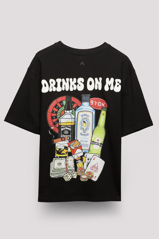 DRINKS ON ME UNISEX OVERSIZED T-SHIRT- BLACK