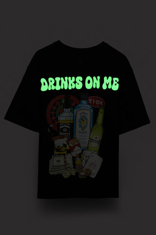 DRINKS ON ME UNISEX OVERSIZED T-SHIRT- BLACK