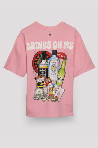 DRINKS ON ME UNISEX OVERSIZED T-SHIRT- PINK